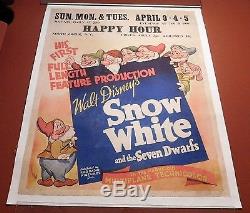 Disney's SNOW WHITE & THE SEVEN DWARFS Rare 1938 JUMBO WINDOW CARD Movie Poster