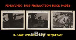 WALT DISNEY'S PINOCCHIO 1939 PRODUCTION USED consecutive 3-PAGE book SEQUENCE