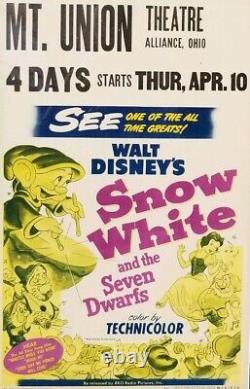 Affiche de cinéma 14x21 SNOW WHITE de Disney 1951 pour fenêtre de théâtre, art des années 50, cadre vintage