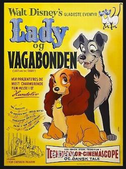 Affiche de film rare de la première sortie de LADY ET LE VAGABOND de WALT DISNEY en 1955 au Danemark
