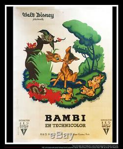 Bambi Walt Disney Rko 4x6 Pieds Sur Toile De Lin Français Grande Affiche Originale 1947