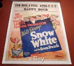 Disney's Snow White & The Seven Dwarfs Rare 1938 Jumbo Window Card Affiche De Film