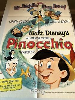 Pinocchio Affiche Originale De Film 27 X 41 Ss / Pliée 1962 Disney