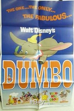 Vtg 1972 Dumbo Walt Disney Re-sortie Us Film Affiche De Film Orig 1sh 27x41